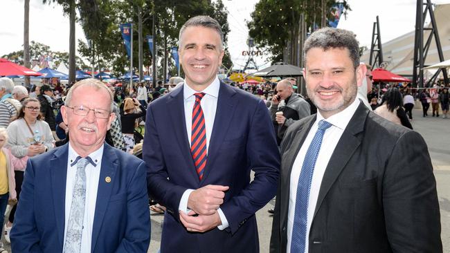 Geoff Brock, Premier Peter Malinauskas and Attorney-General Kyam Maher at the Royal Show. Picture: Brenton Edwards