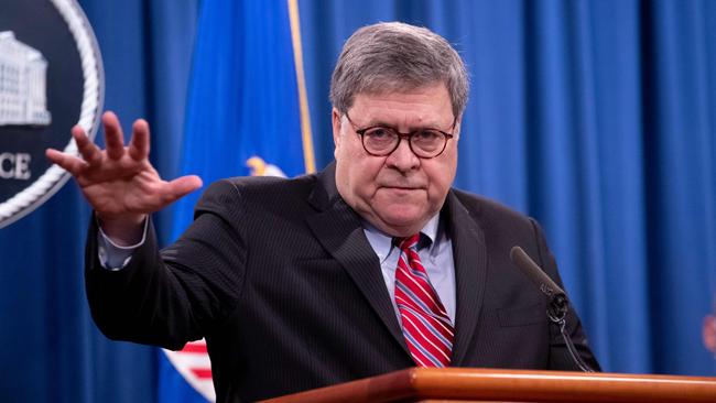 Willam Barr in Washington holds his last press conference before stepping down as US Attorney-General on Wednesday. Picture: AFP