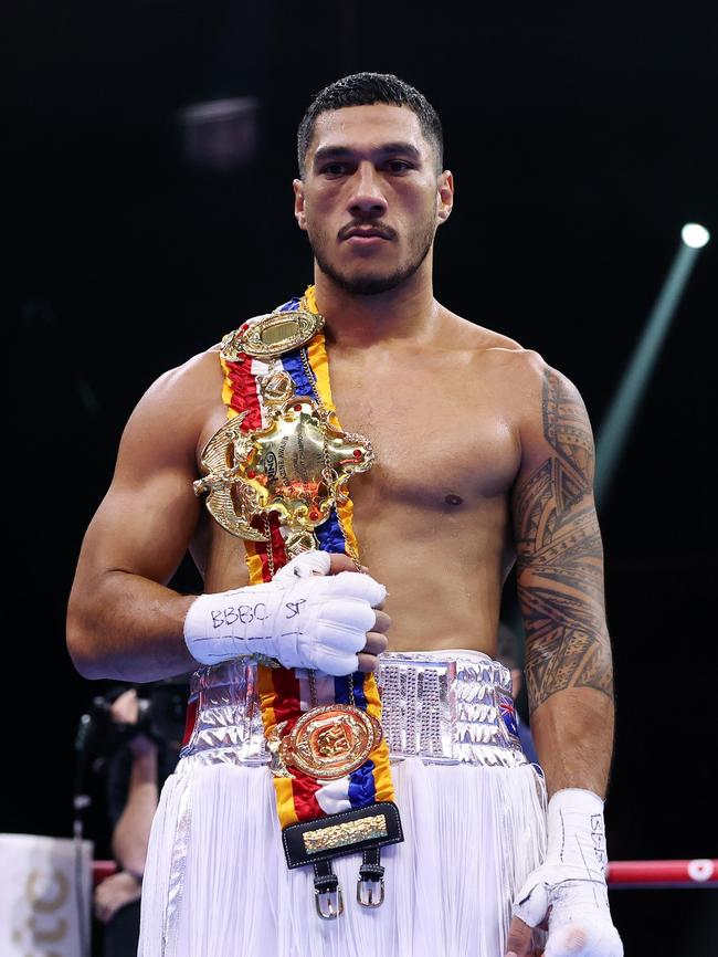 Jai Opetaia celebrates victory with the belt following the Cruiserweight fight between Jai Opetaia and Ellis Zoro during the Day of Reckoning: Fight Night at Kingdom Arena on December 23, 2023 in Riyadh, Saudi Arabia. (Photo by Richard Pelham/Getty Images)