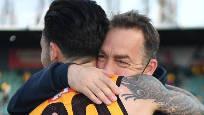 Alastair Clarkson hugs Chad Wingard after the Hawks’ victory. picture: Getty