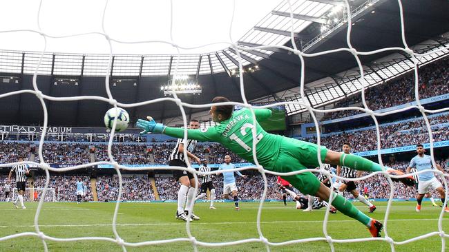 Raheem Sterling of Manchester City (not pictured) scores his team's first goal past Martin Dubravka of Newcastle United. Picture: Getty Images