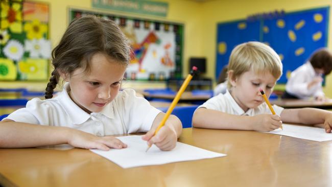 A pair of cute 5 year-old primary school children working hard on their studies in the classroom.