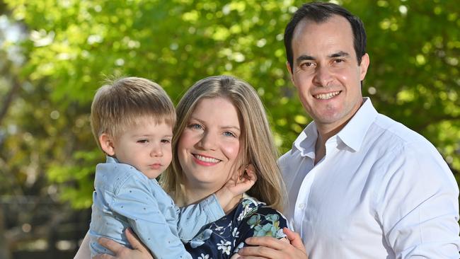 25/10/24. SA Weekend - Vincent Tarzia with his wife Charissa and their son Leonardo (plus dog Howard).Picture: Keryn Stevens