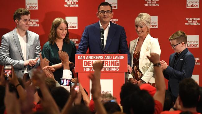 Daniel Andrews with his family as they arrived on stage at the Village Green in Mulgrave. Picture: Julian Smith, AAP Image.