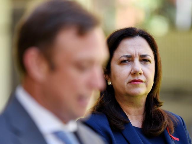 BRISBANE, AUSTRALIA - NewsWire Photos - OCTOBER 30, 2020.Queensland Premier Annastacia Palaszczuk watches her deputy Steven Miles during a press conference at Parliament House.Picture: NCA NewsWire / Dan Peled