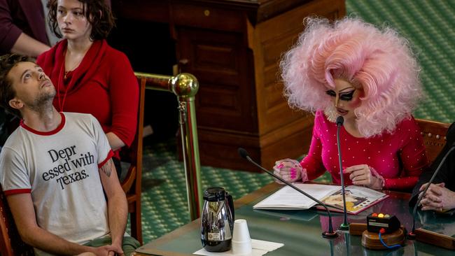 ATX Drag Queen Brigitte Bandit gives testimony in the Senate Chamber at the Texas State Capitol. People across the state of Texas gave testimony as proposed Senate bills which would regulate drag performances, were discussed before the Chamber. Picture: Brandon Bell/Getty Images