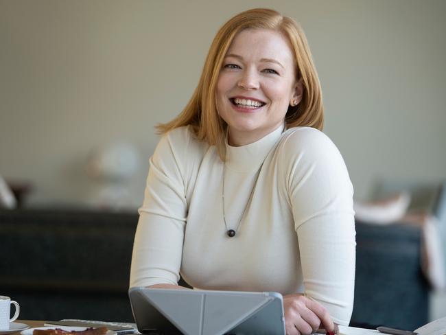 Sarah Snook, who isolating in Melbourne, says people are discovering and bingeing <i>Succession</i> in lockdown. Picture: HBO