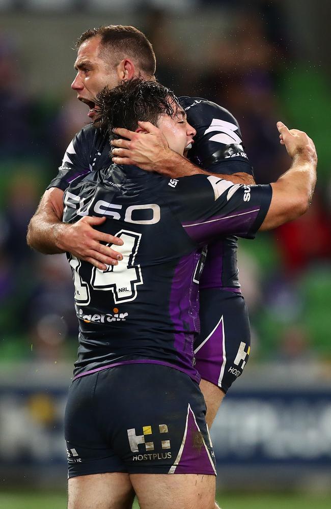 Brandon Smith and Cameron Smith celebrate a try from the rookie. Picture: Kelly Defina