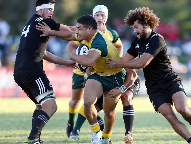 Tyrel Lomax playing against the Kiwis. Picture: Richard Gosling