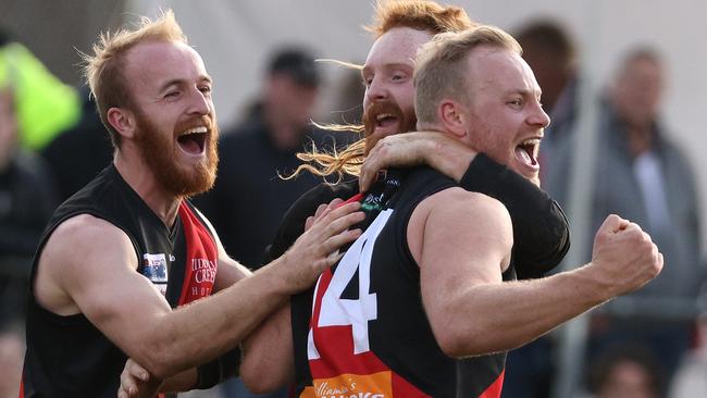 Liam Berry celebrates a goal for Riddell. Picture: Hamish Blair