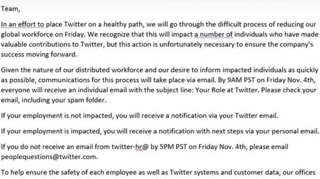 Brutal email sent from Twitter to employees about the sackings