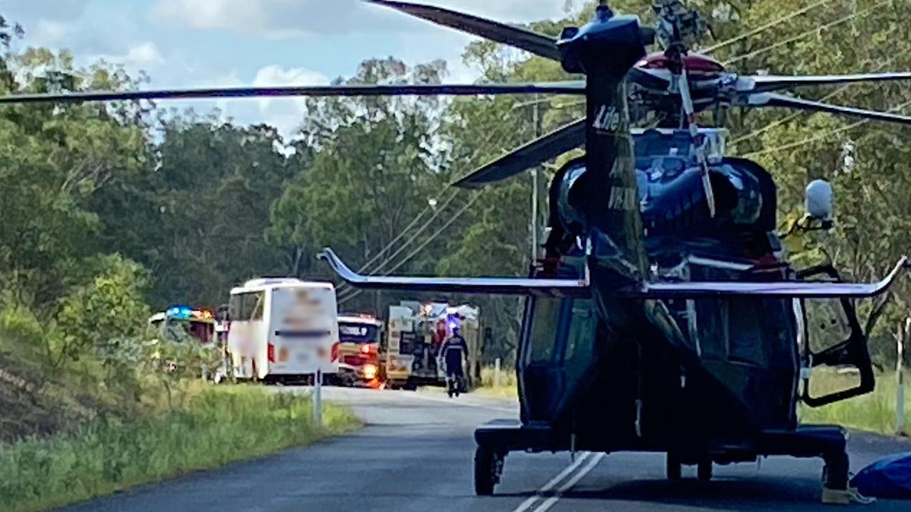 A helicopter crew airlifted a woman to hospital on Thursday morning after she was seriously injured in a collision between a bus and the car she was driving near Esk.