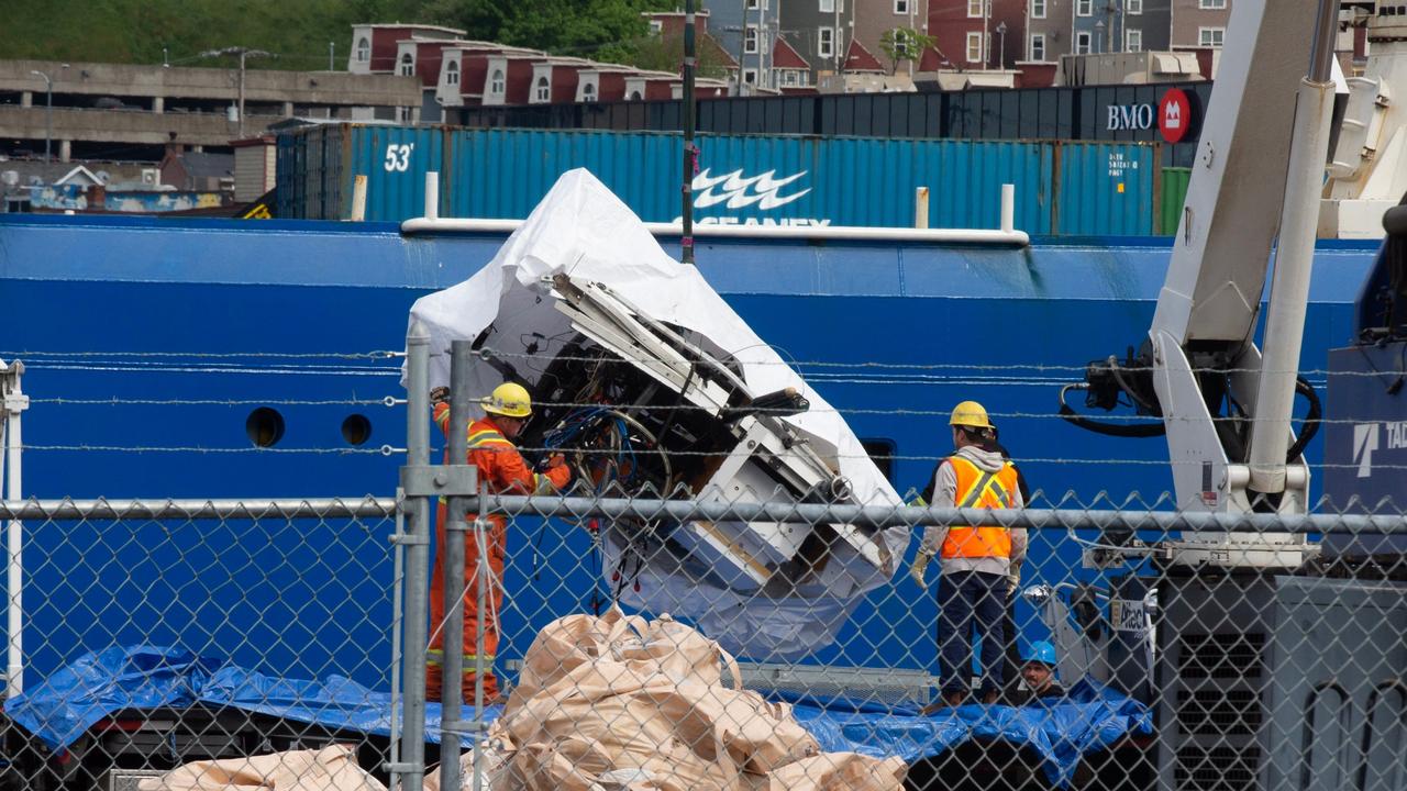 The mangled wreckage of the doomed Titan sub was seen for the first time Wednesday — 10 days after it imploded, killing all five passengers on a deep-sea tour of the Titanic. Picture: Canadian Press/Shutterstock