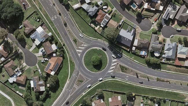 Works to replace the roundabout at Eagle Vale Drive and Raby Road with traffic lights are almost complete. An aerial shot of the site prior to construction. Picture: Campbelltown City Council