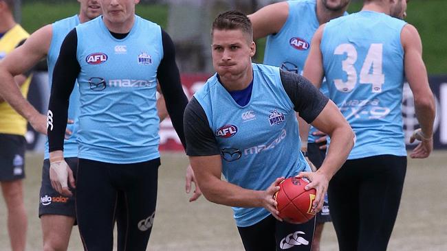 Andrew Swallow trains at Arden St today. Picture: Wayne Ludbey