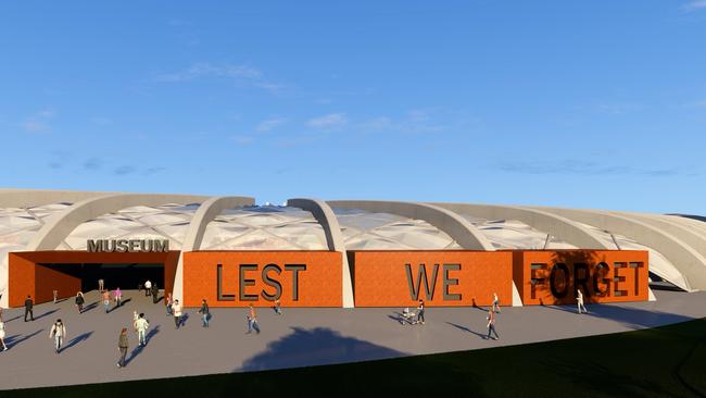 Concept drawings of a Macquarie Point Stadium, which includes an outer shell of 450 apartments and an RSL Tasmania museum, proposed by the Stadia Precinct Consortia. Picture: SolutionsWon