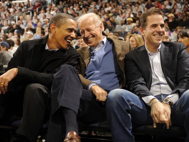 The Trump campaign has slammed Joe Biden (with son, Hunter) over Barack Obama giving his speech in support of his former VP. Picture: Getty Images