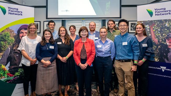 Victorian Government Minister for Agriculture Mary-Anne Thomas with the 2021 Upskill and Invest Young Farmers Scholarship Award winners. Picture: Supplied