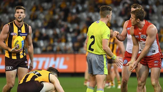 Luke Parker was reported for his bump on Jarman Impey. He tried to explain his action to the umpire after the incident.