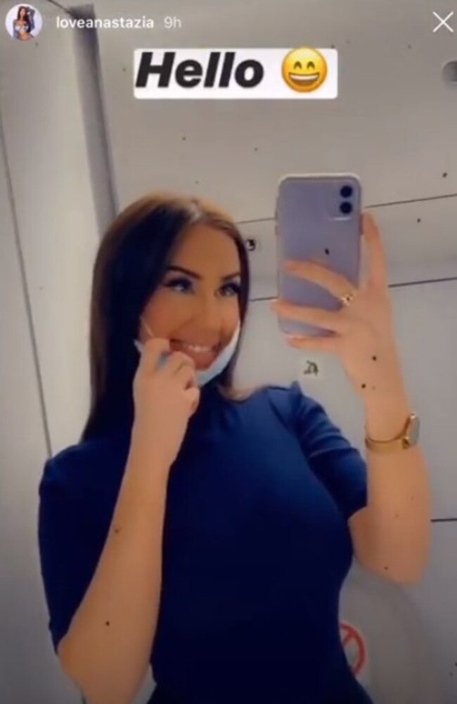 Anastazia Christianidis on the flight to Greece via Doha. Picture: @loveanastazia