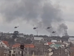 Russian helicopters in attack formation attacking Gostomel Airport, northwest of Ukraine's capital. Picture: Supplied