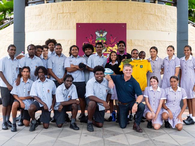 Wallabies legend Tim Horan had a motivational chat to Stars Foundation and Clontarf Foundation students at Haileybury Randall School. Picture: Che Chorley