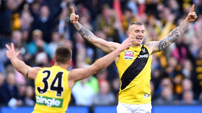 We’re home ... Dustin Martin is ecstatic after booting a final-term goal. Picture: Nicole Garmston