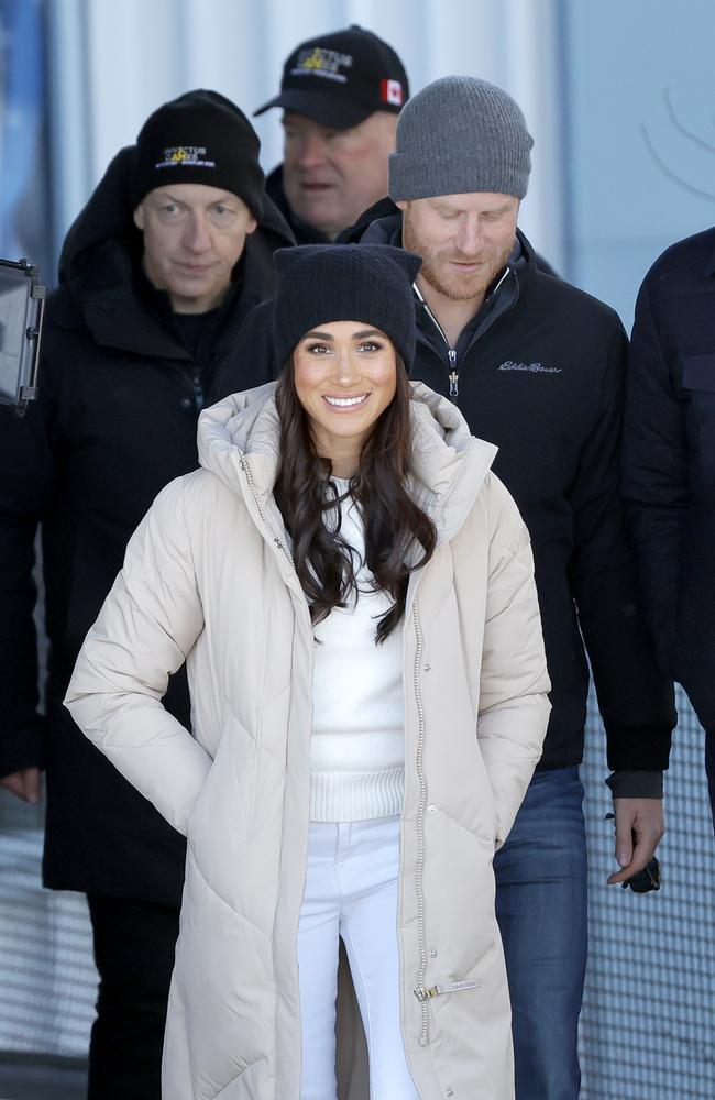 Meghan Markle wore all white with a cream coat at Whistler. Picture: Getty Images