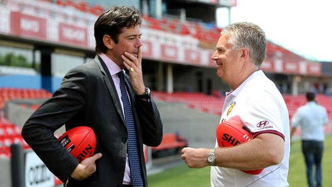 AFL CEO Gillon McLachlan and Swann at Metricon Stadium in 2014. Picture: Mike Batterham