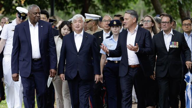 US Defence Secretary Lloyd Austin, Japanese Defence Minister Gen Nakatani and Australian Defence Minister Richard Marles in Darwin on Sunday. Picture: Kym Smith