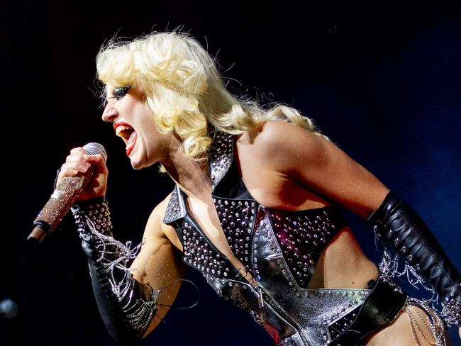 INDIO, CALIFORNIA - APRIL 13: (FOR EDITORIAL USE ONLY) Amy Taylor of Amyl and the Sniffers performs at the Gobi stage at the 2025 Coachella Valley music and arts festival on April 13, 2025 in Indio, California. (Photo by Emma McIntyre/Getty Images for Coachella)