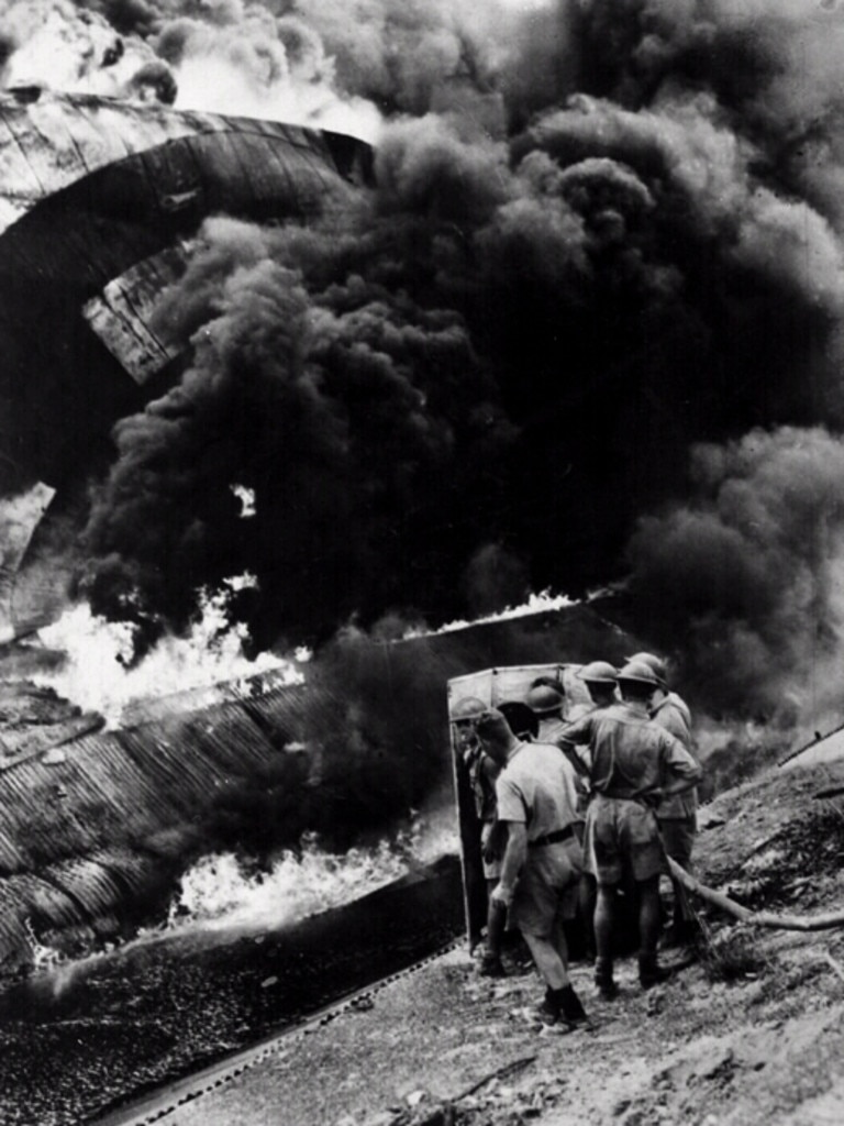 file pic Darwin - Oil storage tanks on fire after Japanese Air Raid 1942.  WWII Aust  fires NT  explosions bombing