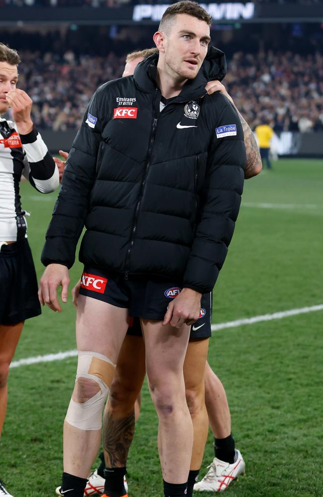 McStay on the ground after the final siren on Friday night. Picture: Getty Images