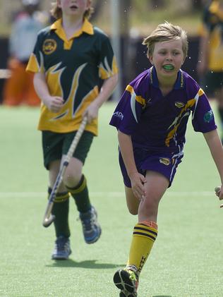 Macarthur Chronicle - Pictured: Julian Cook (Harrington Park) on the ball - Ingleburn Bulldogs (green yellow) versus Harrington Park Hurricanes (purple) - Macarthur District Juniors hockey finals 2014 held at Millwood Avenue, Narellan NSW Australia