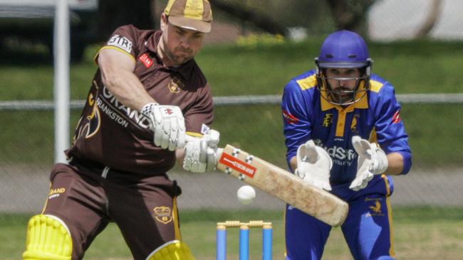 MPCA cricket Peninsula : Somerville v Heatherhill. Heatherhill batsman M. Bishop and  Somerville keeper J. Barbour. Picture: Valeriu Campan