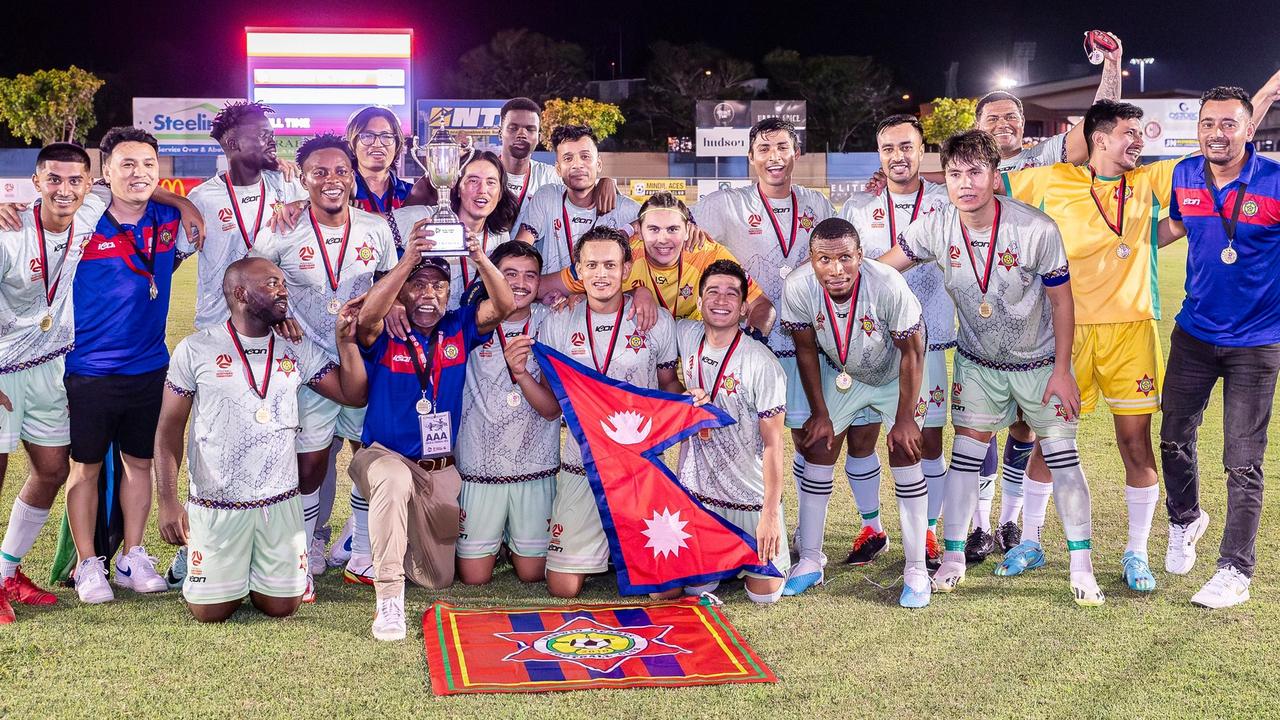 Darwin Hearts FC Men's MPL team celebrating their victory over Darwin Olympic in the FNT Aus. Cup grand final. Picture: Daniel Abrantes Photography.