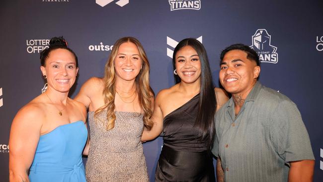 Brittany Breayley-Nati, Niall Williams-Guthrie, Jasmine Fogavini and Toru Arakua at the Gold Coast Titans NRLW 2025 Season Launch at Isoletto The Star Gold Coast. Picture, Portia Large.