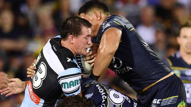 Paul Gallen injured his knee in Cronulla’s loss to the Cowboys. Picture: Wesley Monts