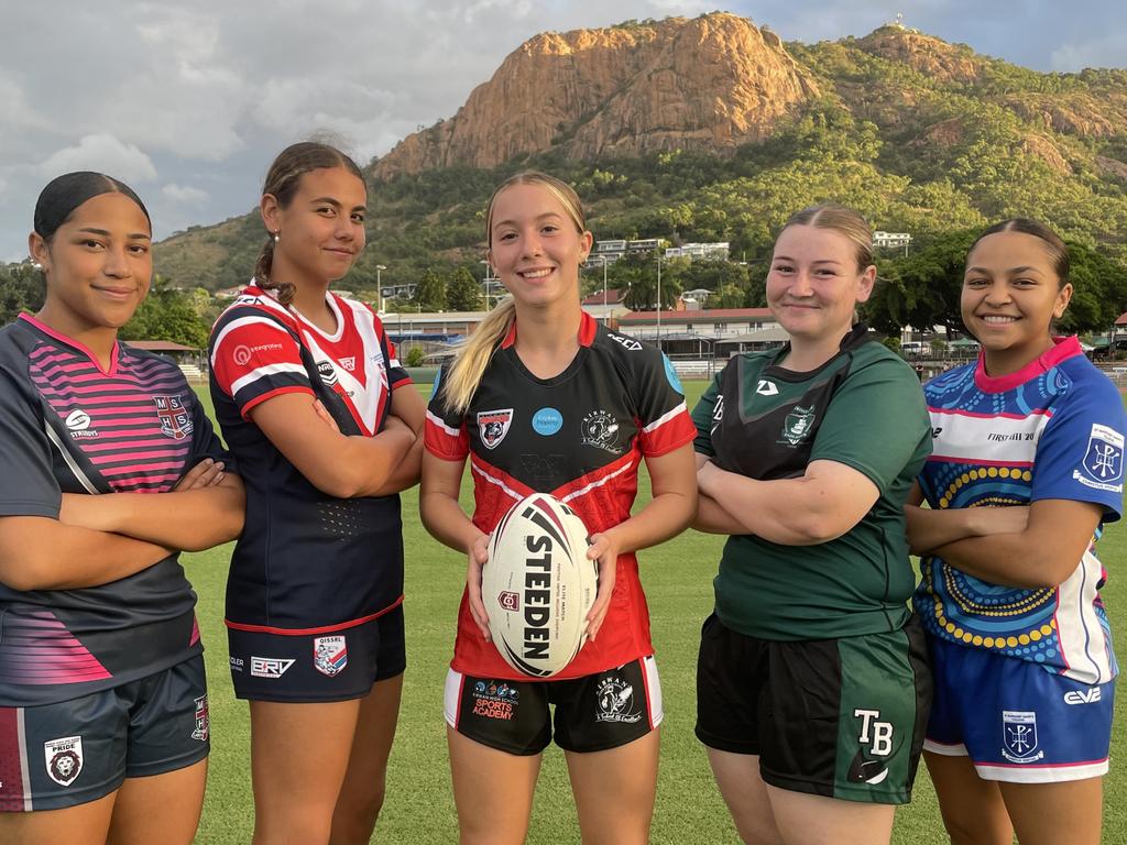 Players pose ahead of the 2024 North Queensland Cowboys Schoolgirl Cup. Selina Cowley (Mackay SHS), Paige Mooney (St Patrick's College, Mackay), Ava Wagner (Kirwan SHS, Townsville), Isabelle Kennedy (Trinity Bay SHS, Cairns), Taya Bowie (St. Margaret Maryâs College, Townsville). Picture: Patrick Woods.