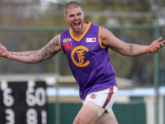 Cameron Cloke celebrates a goal for Jacana in 2017. Picture: Mark Dadswell