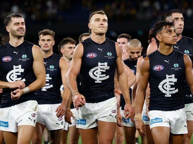 Patrick Cripps and his Carlton teammates can’t hide their dejection after the loss to Richmond. Picture: Getty Images