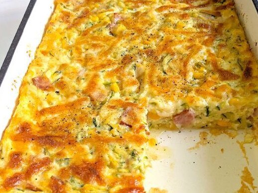 Sweetcorn, bacon and zucchini slice.