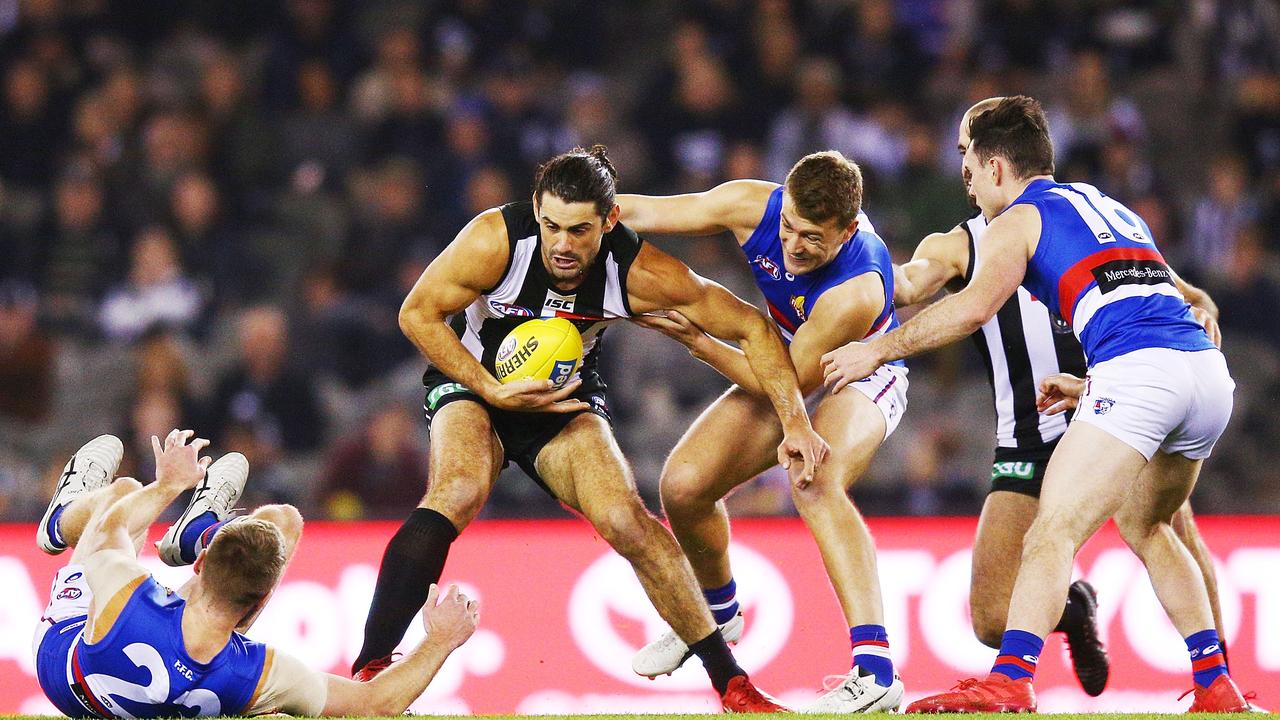 Collingwood’s Brodie Grundy would be battling the Bulldogs’ Jackson Macrae for poll position of all players to have played each team once in 2019.