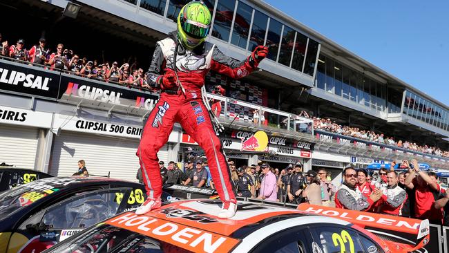 James Courtney celebrates winning with his “Frank the Tank” celebration dance.