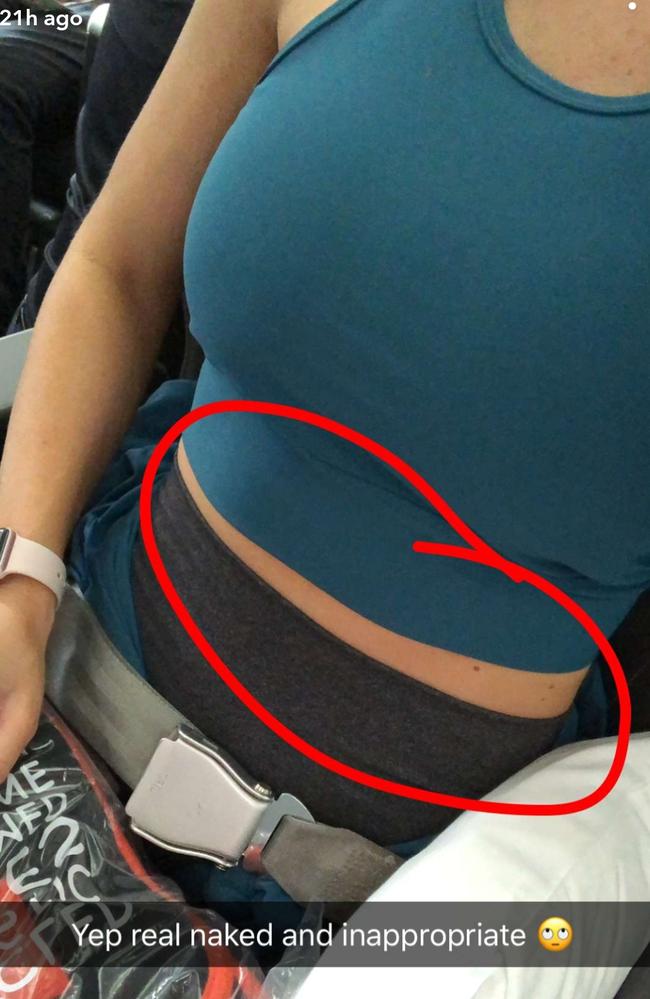 Fitness guru Ashy Bines was unimpressed with a Jetstar flight attendant's attitude to her business class attire. Photo Snapchat