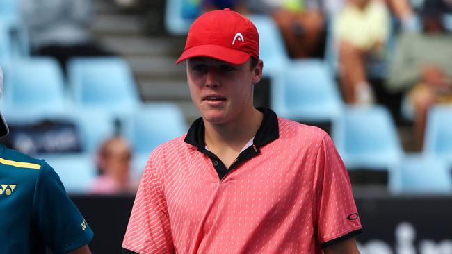 Lachlan McFadzean competing in the boys doubles at the Australian Open in 2024. Picture: Mark Stewart