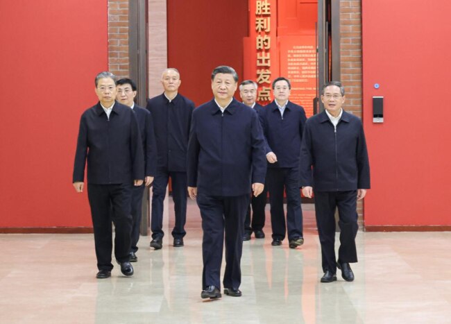 Xi Jinping led members of the standing committee of the politburo on a visit to Yan'an on Thursday. Picture: Xinhua