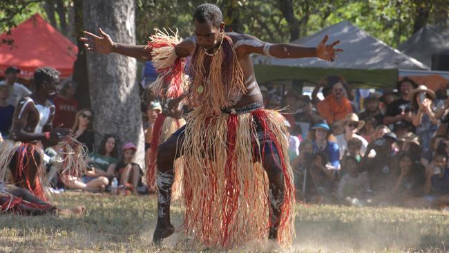 A Lockhart River dancer performs at the Laura Quinkan Indigenous Dance Festival in 2023. Picture: Bronwyn Farr