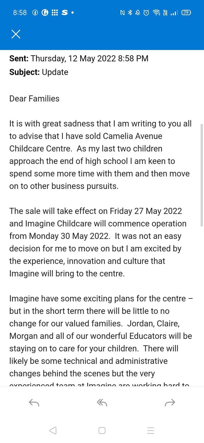 Peter Dutton's wife Kirilly emails all parents at Camelia Avenue Child Care Centre in Brisbane, notifying them of the business being sold. Picture: Supplied to News Corp Australia