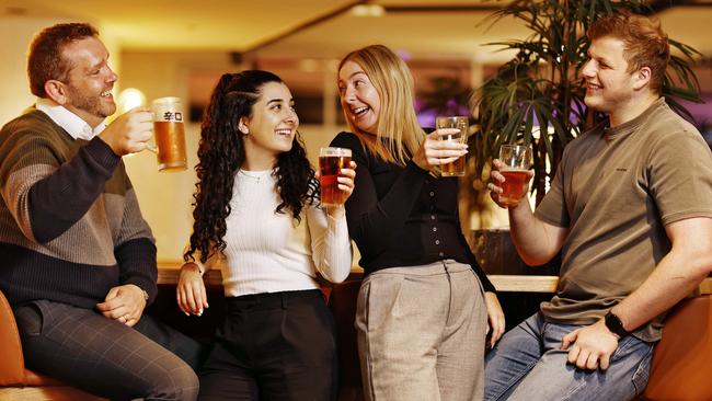 Enjoying a cheaper beer at Parramatta Leagues Club: Will Corbett, Laura Saab, Kayley Rapp and Diab Sukkar. Picture: Sam Ruttyn